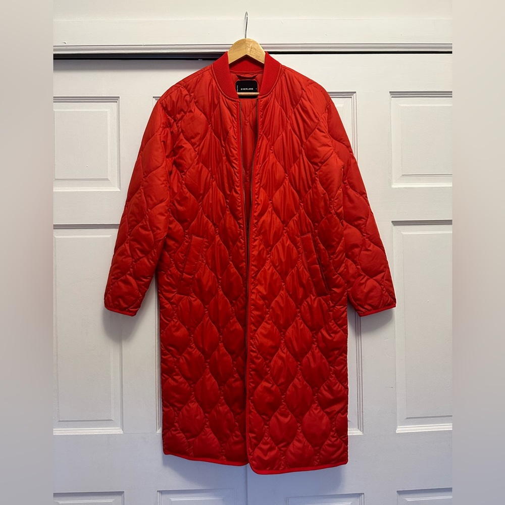 Wonderfully red Everlane quilted jacket! Only worn once, size small. Warm, cozy.